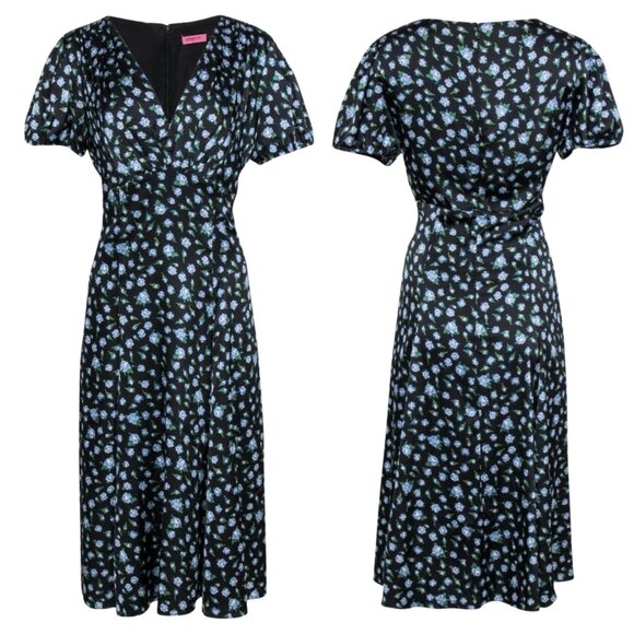 Betsy Johnson Black and Blue Floral‎ Satin 90’s Inspired Dress - Size 12 - Picture 1 of 10